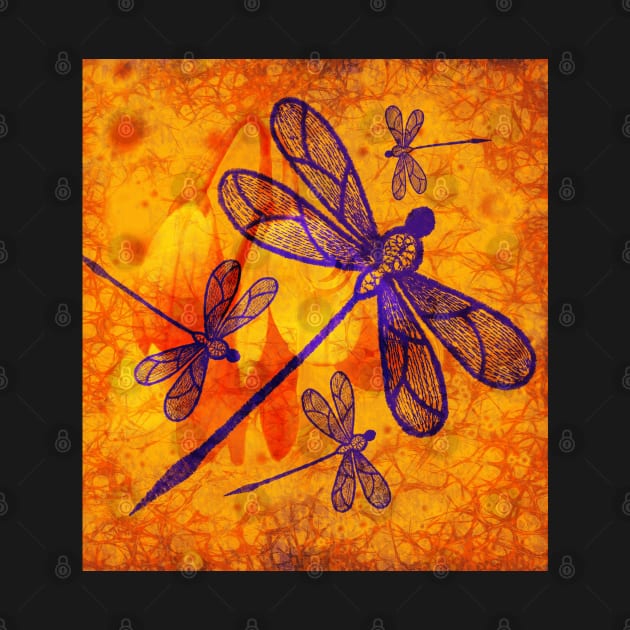 Navy-blue embroidered dragonflies on textured vivid orange background by hereswendy