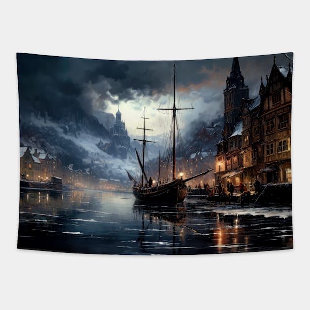 Oil Painting of a Fishing Village Along a River in Winter Tapestry by jecphotography