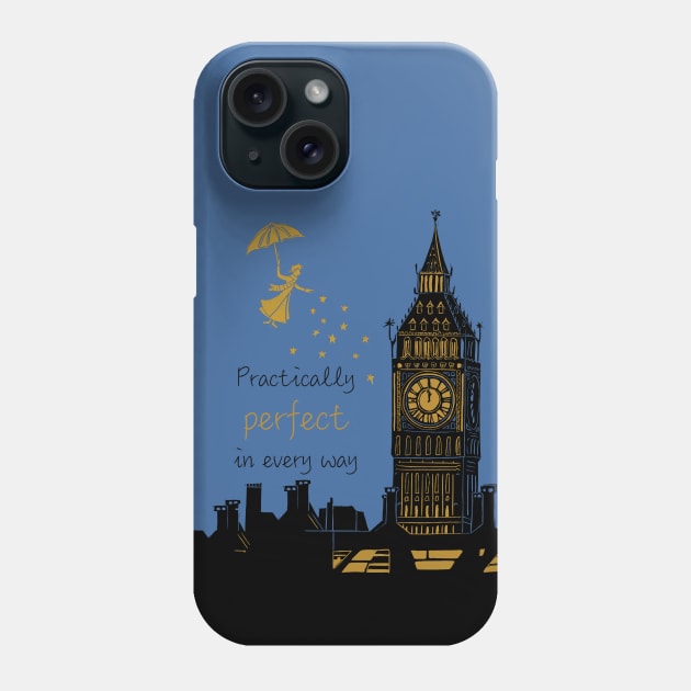 Practically Perfect in Every Way, Mary Poppins and Big Ben Linocut Silhouette Phone Case by Maddybennettart