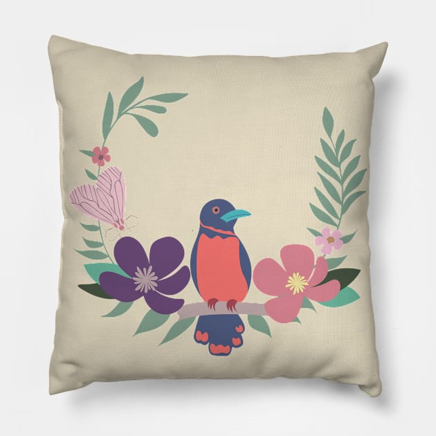 Little blue bird and his garden friends Pillow by estudioanzol