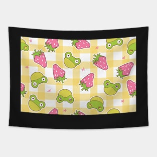 Frogs and Strawberries on yellow plaid Tapestry