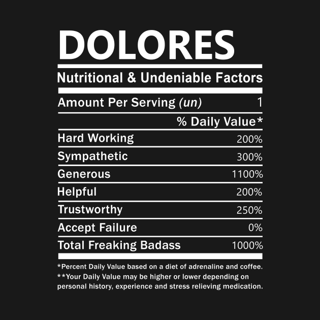 Dolores Name T Shirt - Dolores Nutritional and Undeniable Name Factors Gift Item Tee by nikitak4um