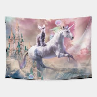 Rainbow Galaxy Cat Riding Unicorn In Space Tapestry
