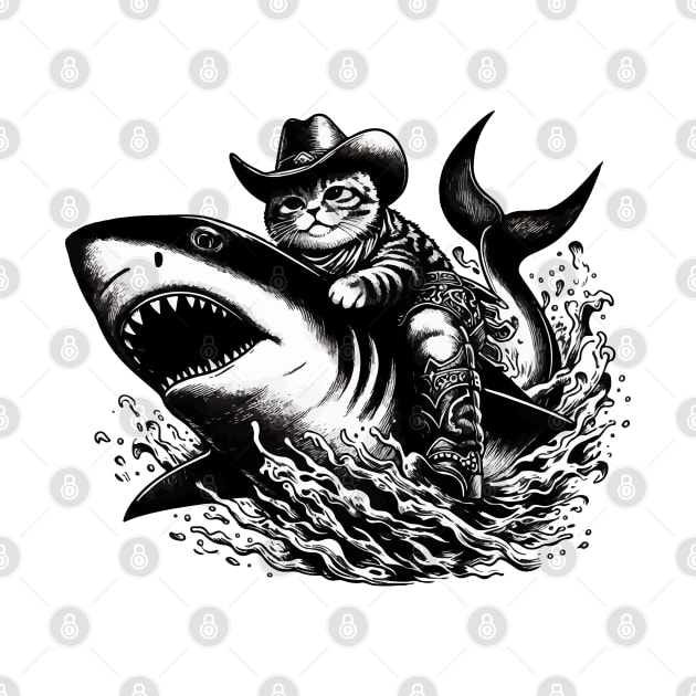 Meowdy Texas Cowboy Rodeo Cat Ride On Shark by TomFrontierArt