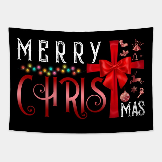 Merry ChristMas Cross Christian Religious Christmas Quotes Tapestry by Happy Shirt