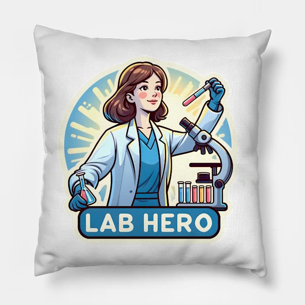 Women in STEM: Lab Hero Steminist Female Scientist with Microscope Pillow by PuckDesign