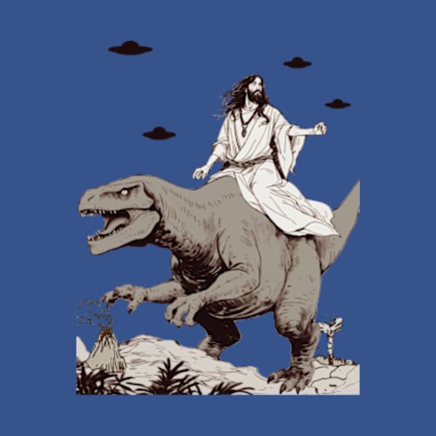 Jesus Riding Dinosaur UFO Funny by Mimimoo