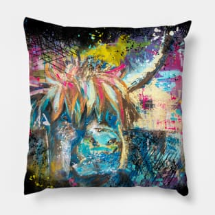 Highland Cow Bull Pink Blue Abstract Rustic Farmhouse Pillow