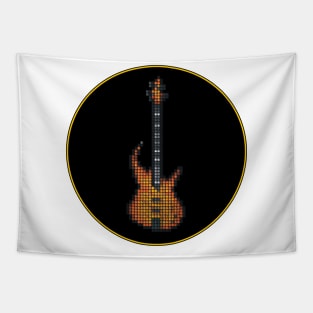 Tiled Pixel Burning Fire Bass Guitar in a Black Circle Tapestry