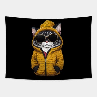 Cool Cartoon Cat in Jacket, Cap, and Sunglasses 2 Tapestry