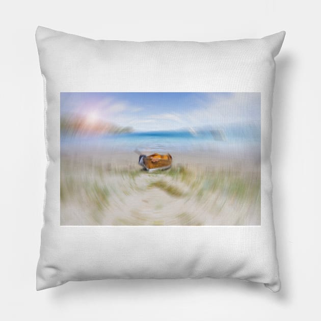 Old-fashioned wooden clinker dinghy pulled on beach at Kawau Island New Zealand in radial blur effect abstract image. Pillow by brians101