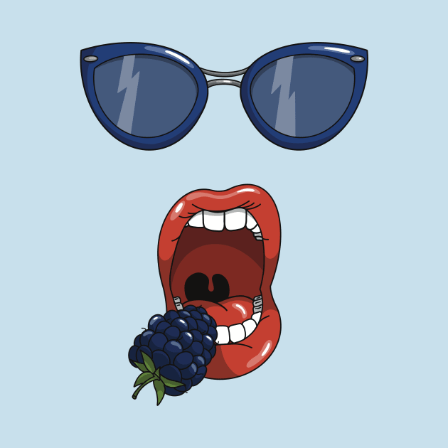 Mouth about to eat a blueberry while wearing matching blue sun glasses. by Fruit Tee