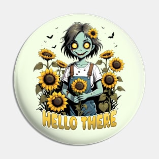 Hello There - Cute Zombie in Sunflowers Pin