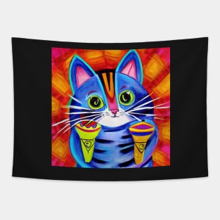 Blue Spanish Cat Playing Maracas Music, Colorful Mexican folk art painting Tapestry