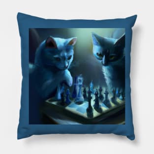 Two Blue Cats Attempt to Figure Out the Rules of Chess Pillow