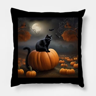 Black cat in pumpkin patch Pillow