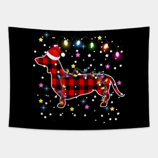 Buffalo Plaid Christmas Paw Dog with Santa hat & Lights Tapestry