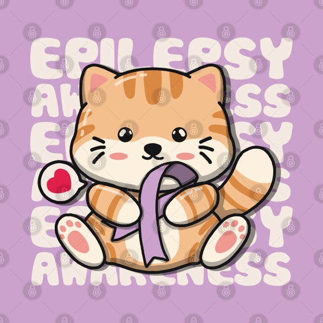 Cute Cat Holding Epilepsy Awareness Ribbon by Luna Illustration