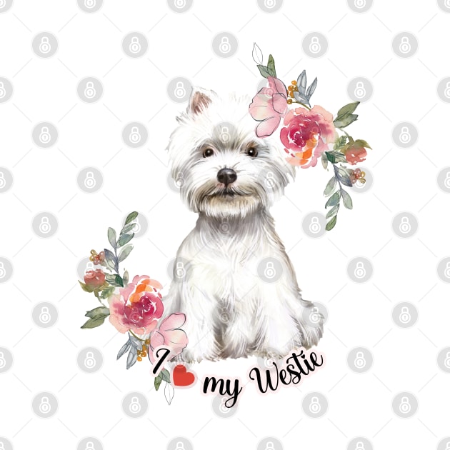 I Love My Westie Cute Westie Puppy with Flowers Watercolor Art by AdrianaHolmesArt