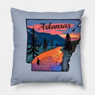 Fly Fishing Arkansas State Map Mountain Sunset River Retro Pillow