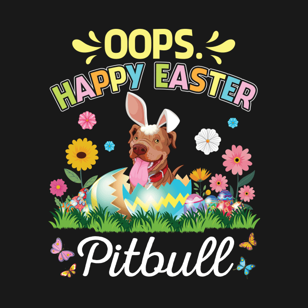 Pitbull Dog Bunny Costume Playing Flower Eggs Happy Easter by DainaMotteut