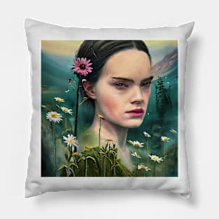 Portrait of pretty young  face with  daisies Pillow