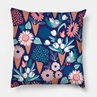 Midsummer I scream flower cones // pattern // navy blue background pink coral and aqua and teal flowers bouquets Pillow