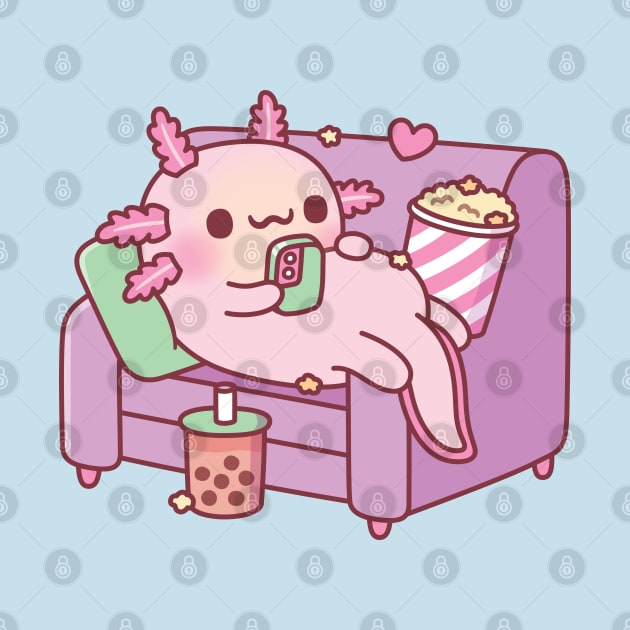 Cute Axolotl Chilling With Handphone Bubble Tea And Popcorn by rustydoodle