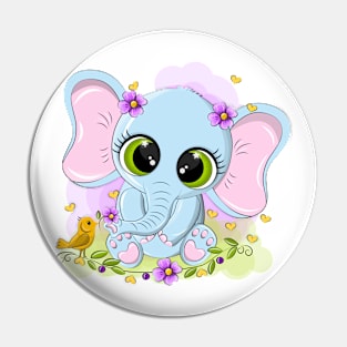 Cheerful baby elephant in a meadow with flowers Pin