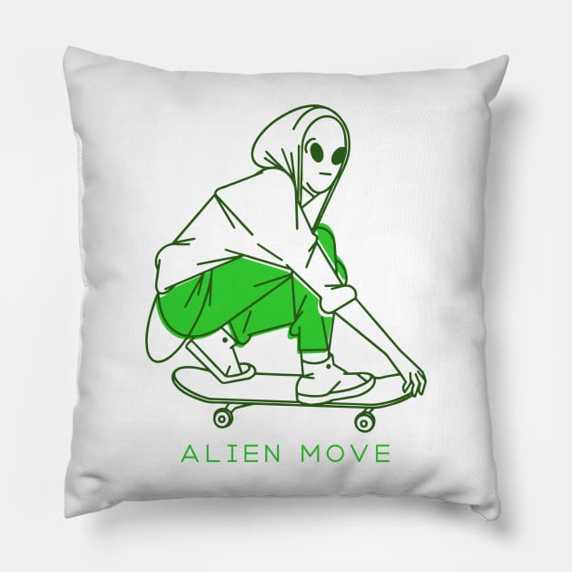 Alien skateboarding Pillow by Wolf Clothing Co
