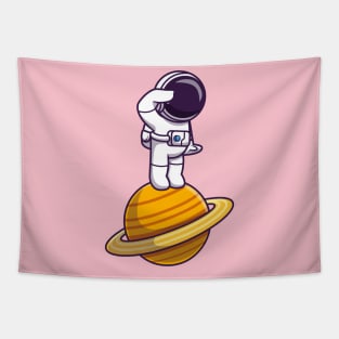 Astronaut Standing On Planet Cartoon Tapestry