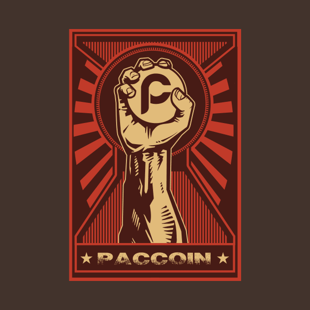 Paccoin: Propaganda style triumphant fist clutching a Paccoin by DesignbyDarryl