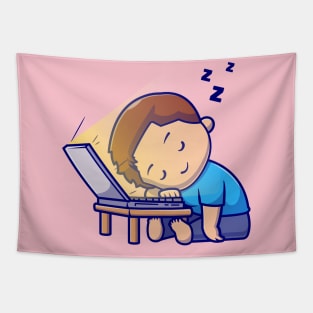 Cute Boy Sleeping On Laptop Cartoon Tapestry