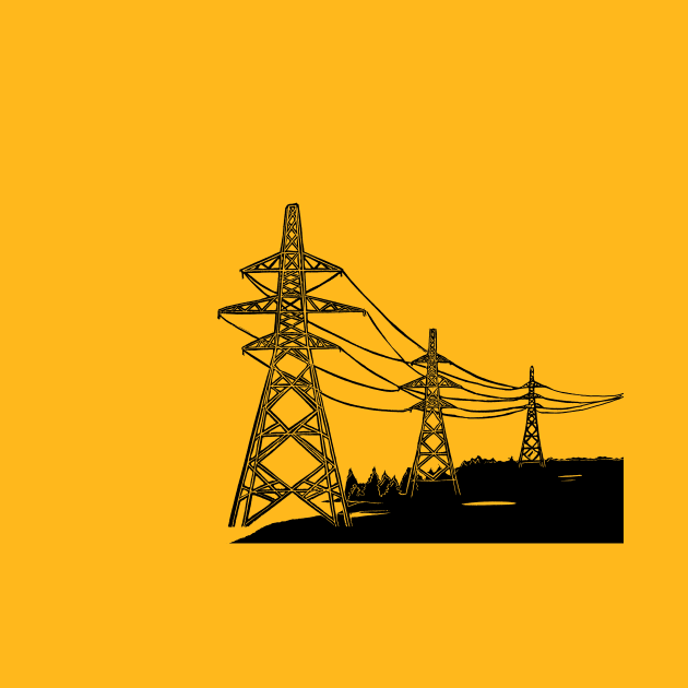 Electricity Pylons Linocut Silhouette on Mustard Yellow by Maddybennettart