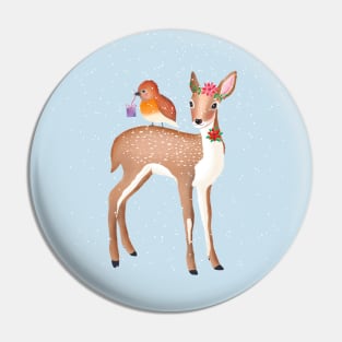 Deer and bird and snowflakes and Christmas gift Pin