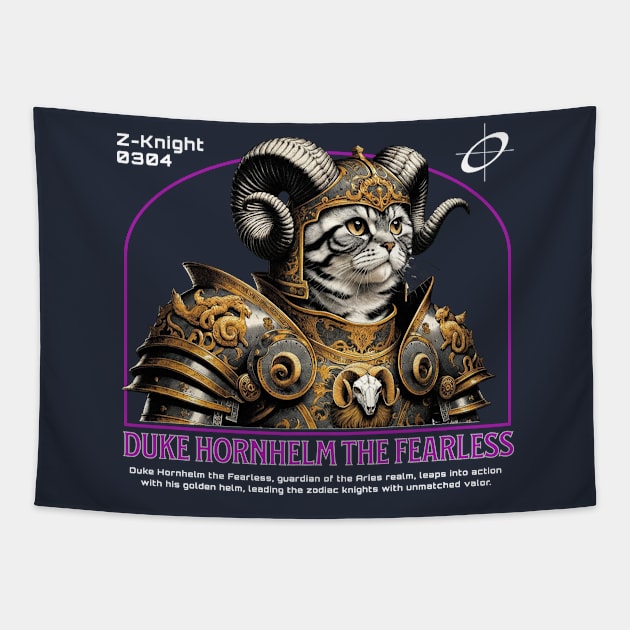 Aries Zodiac Knight Cat: Ram of the Stars - Astrological Tapestry by Conversion Threads