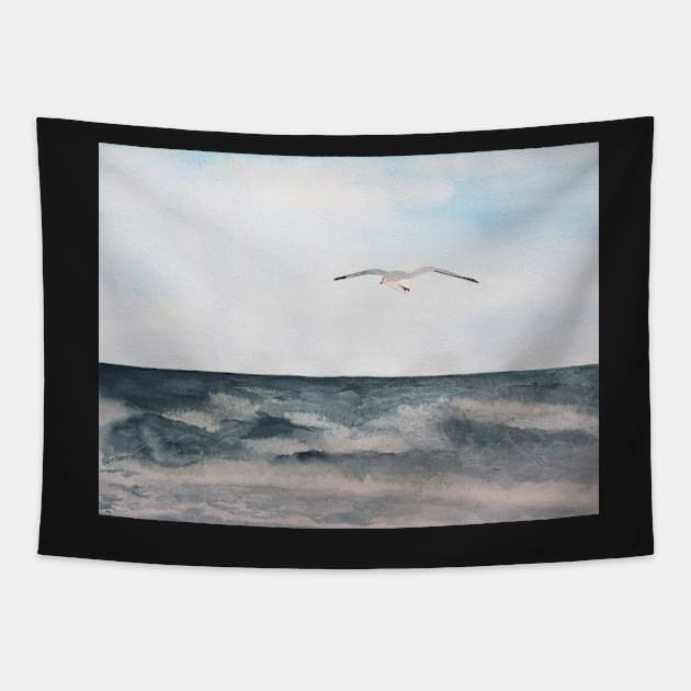 Seagull flying over the Ocean Painting Tapestry by Sandraartist