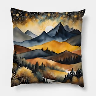 Golden Watercolor Landscape I Pillow