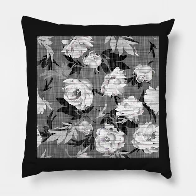 White peonies on a gray linen texture Pillow by kobyakov