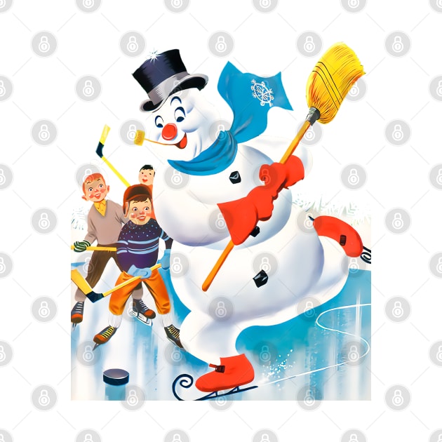 snowman playing ice hockey with a broom next to children on winter holidays retro vintage comic cartoons by REVISTANGO