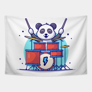 Cute Panda Playing Drum with Stick Music Cartoon Vector Icon Illustration Tapestry