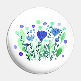 Watercolor whimsical flowers - blue and green Pin