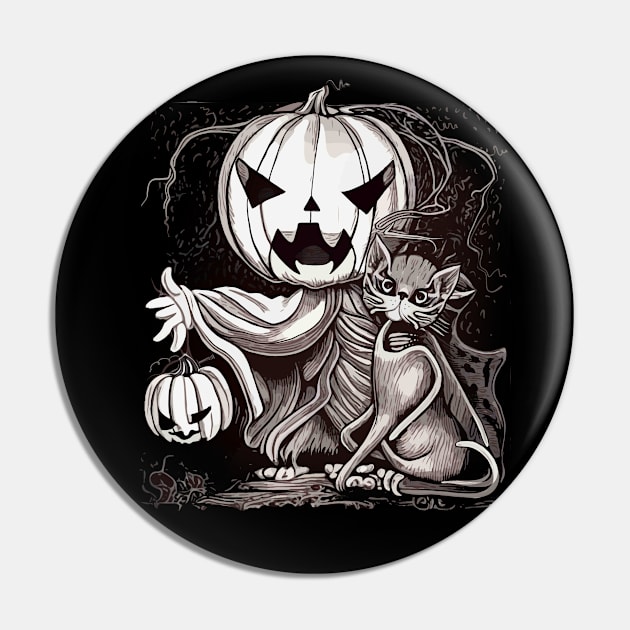 Pumpkin face scary with cat in dark forest and full moon, cute Halloween in dark atmosphere Pin by Collagedream