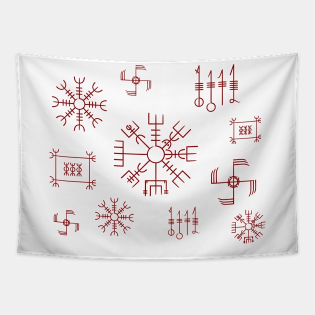 Icelandic Staves Pattern in Blood Red & White Tapestry by Time Nomads