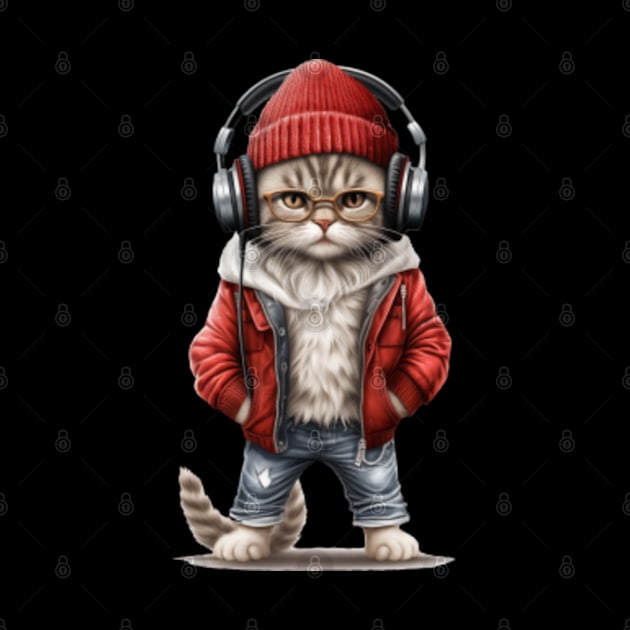 Vintage Funny Cute Cat, listening to hip-hop music wearing Santa hat by Selknen 🔥