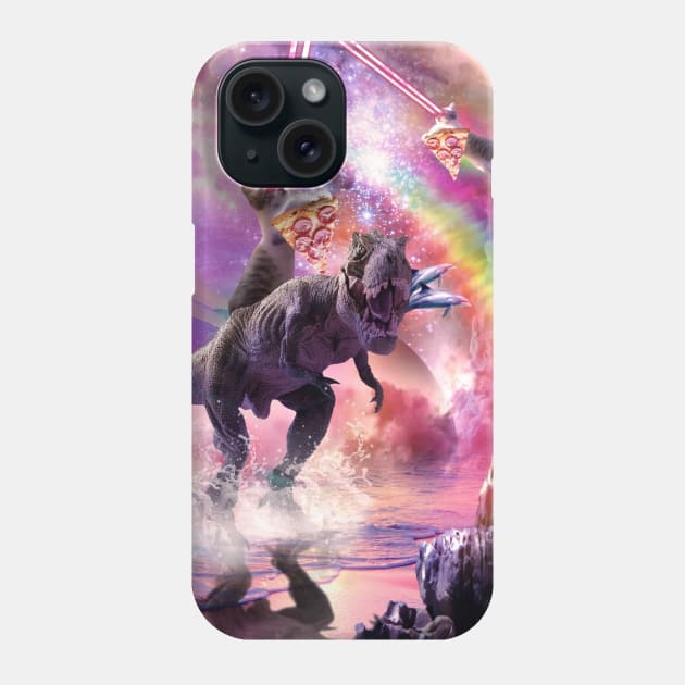 Rainbow Laser Space Cat On Dinosaur Eating Pizza Phone Case by Random Galaxy