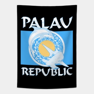 Palauan Flag with Hammerhead shark and dolphin Tapestry