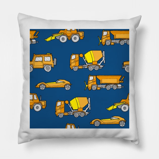 Vehicles orange on classic blue Pillow by kobyakov