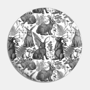 Rabbits and woodland flora, monochrome Pin