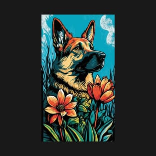 German Shepherd Dog Vibrant Tropical Flower Tall Retro Vintage Digital Pop Art Portrait 3 T-Shirt